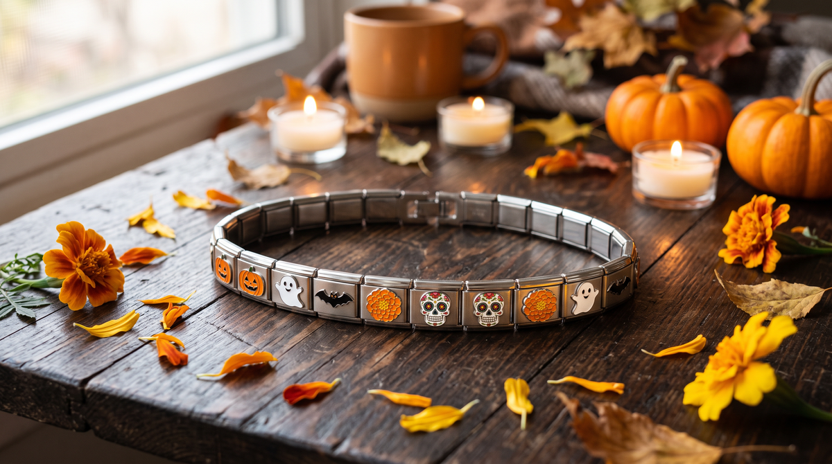 Pulsera italiana con charms de Halloween y Día de Muertos