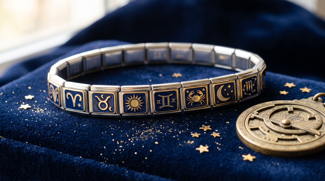 Pulsera italiana con charms de signos zodiacales, estrellas y luna