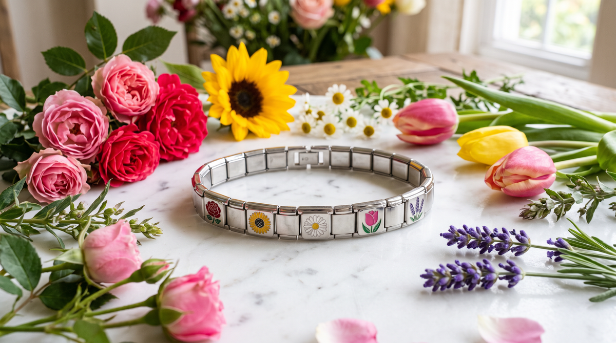 Pulsera italiana con charms de flores