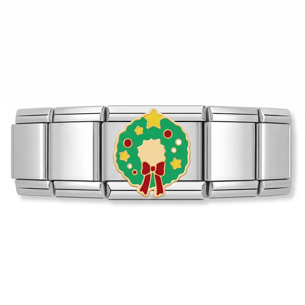 Charm Corona Navideña con Moño (Plateado) en pulsera italiana de eslabones