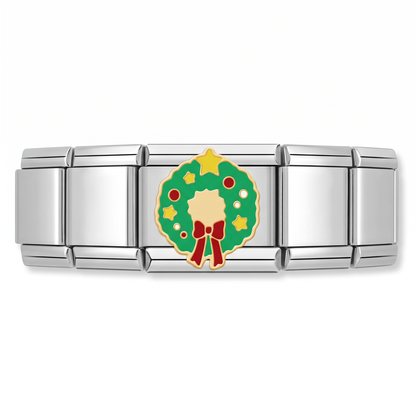 Charm Corona Navideña con Moño (Plateado) en pulsera italiana de eslabones