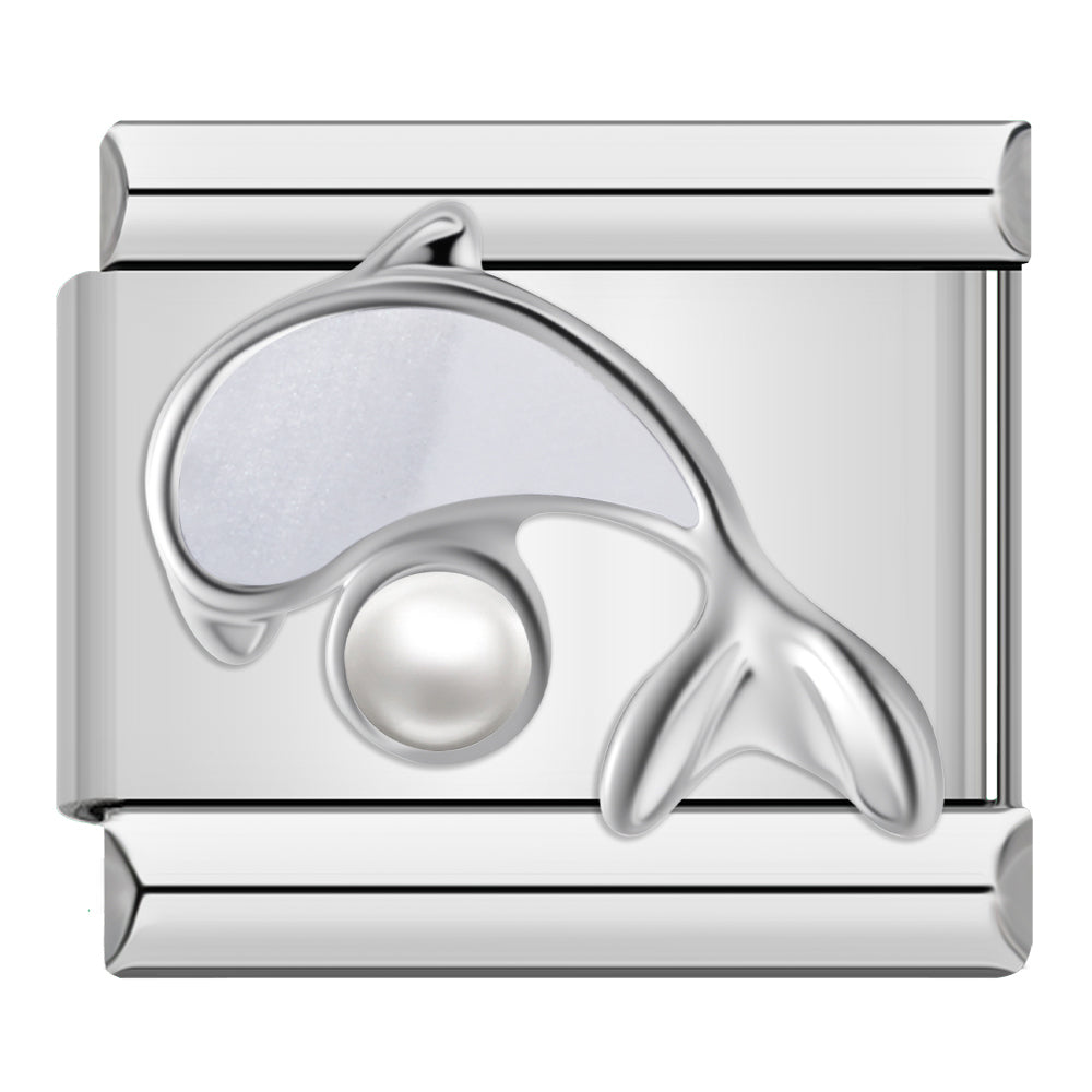 Charm Delfín Nácar con Perla (Plateado) - Italian Charms