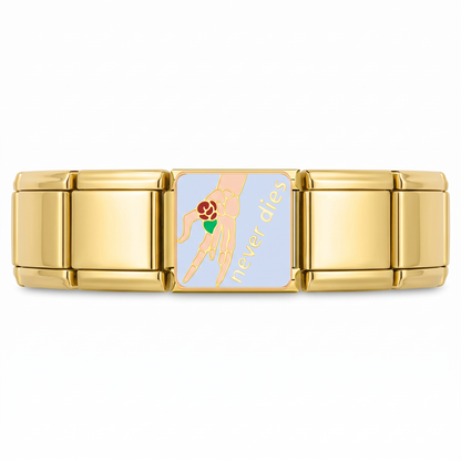 Charm Never Dies (Mano con Rosa) en pulsera italiana de eslabones