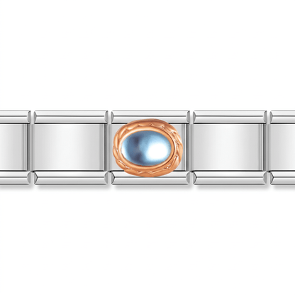 Charm Brillo Azul (Ovalado, Oro Rosa) en pulsera italiana de eslabones