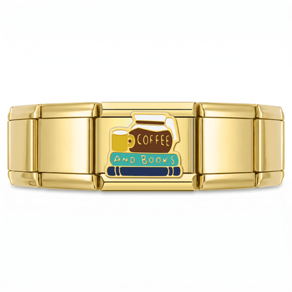 Charm Cafe y libros en pulsera italiana de eslabones