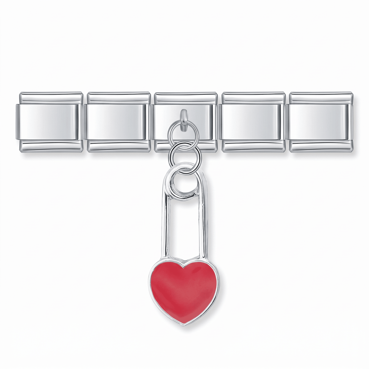 Charm Colgante Corazón (Imperdible Rojo) en pulsera italiana de eslabones