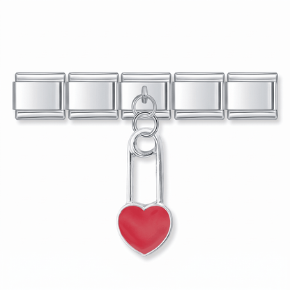 Charm Colgante Corazón (Imperdible Rojo) en pulsera italiana de eslabones