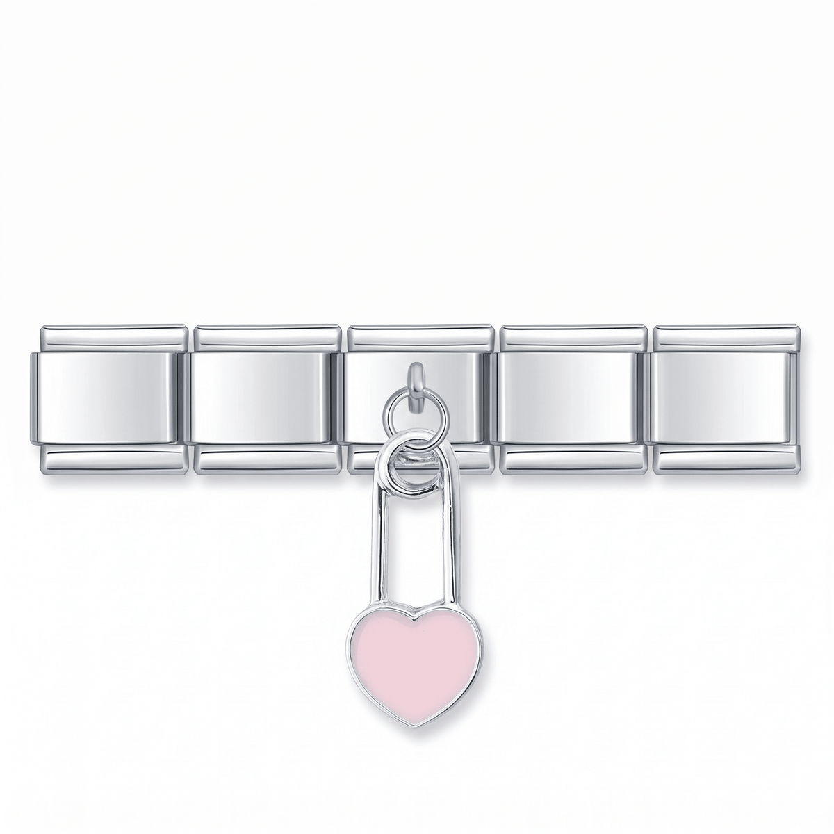 Charm Colgante Corazón (Imperdible Rosa) en pulsera italiana de eslabones