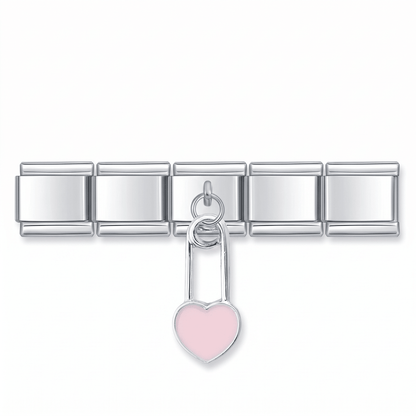 Charm Colgante Corazón (Imperdible Rosa) en pulsera italiana de eslabones