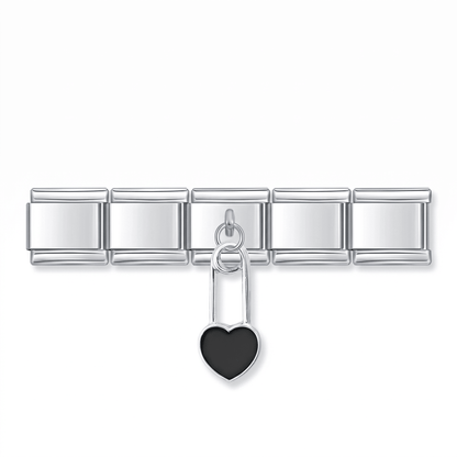 Charm Colgante corazón negro (Imperdible) en pulsera italiana de eslabones