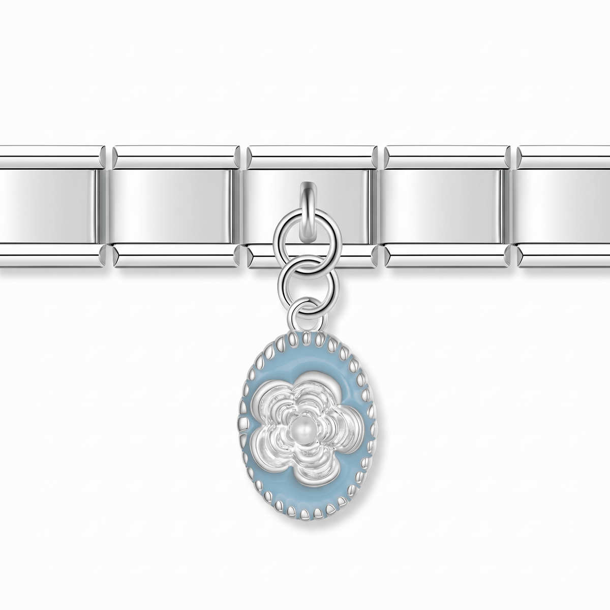 Charm Colgante Flor azul (Ovalado) en pulsera italiana de eslabones