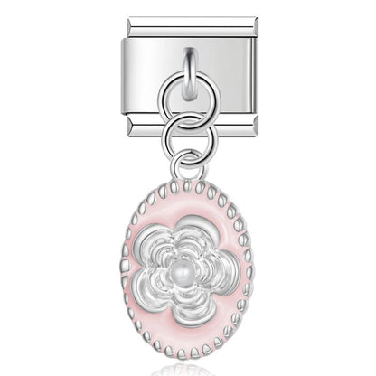 Charm Colgante Flor rosa (Ovalado) - Italian Charms