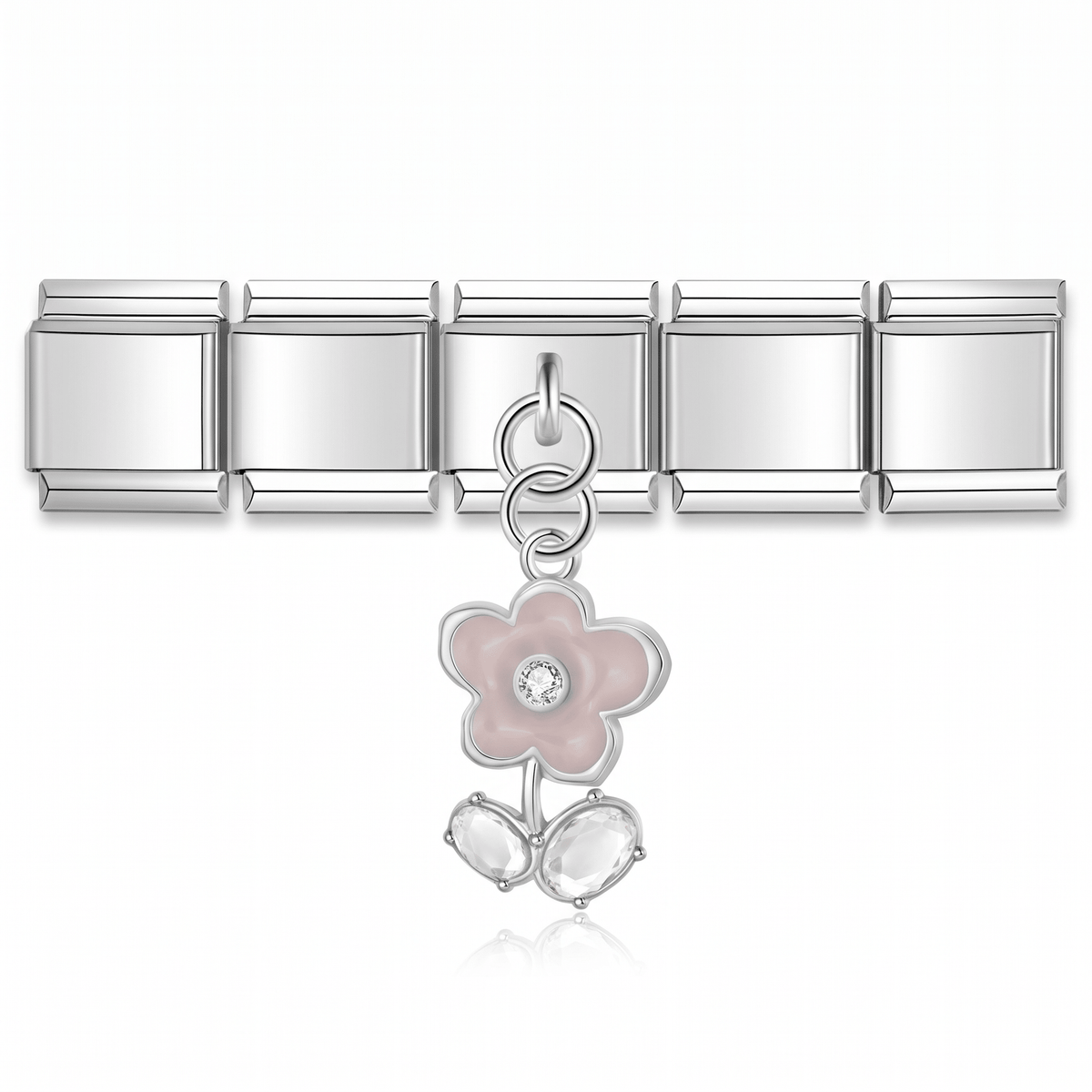 Charm Colgante Flor rosa (con Brillos) en pulsera italiana de eslabones