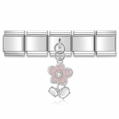 Charm Colgante Flor rosa (con Brillos) en pulsera italiana de eslabones