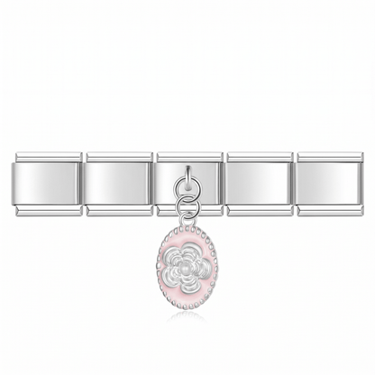Charm Colgante Flor rosa (Ovalado) en pulsera italiana de eslabones