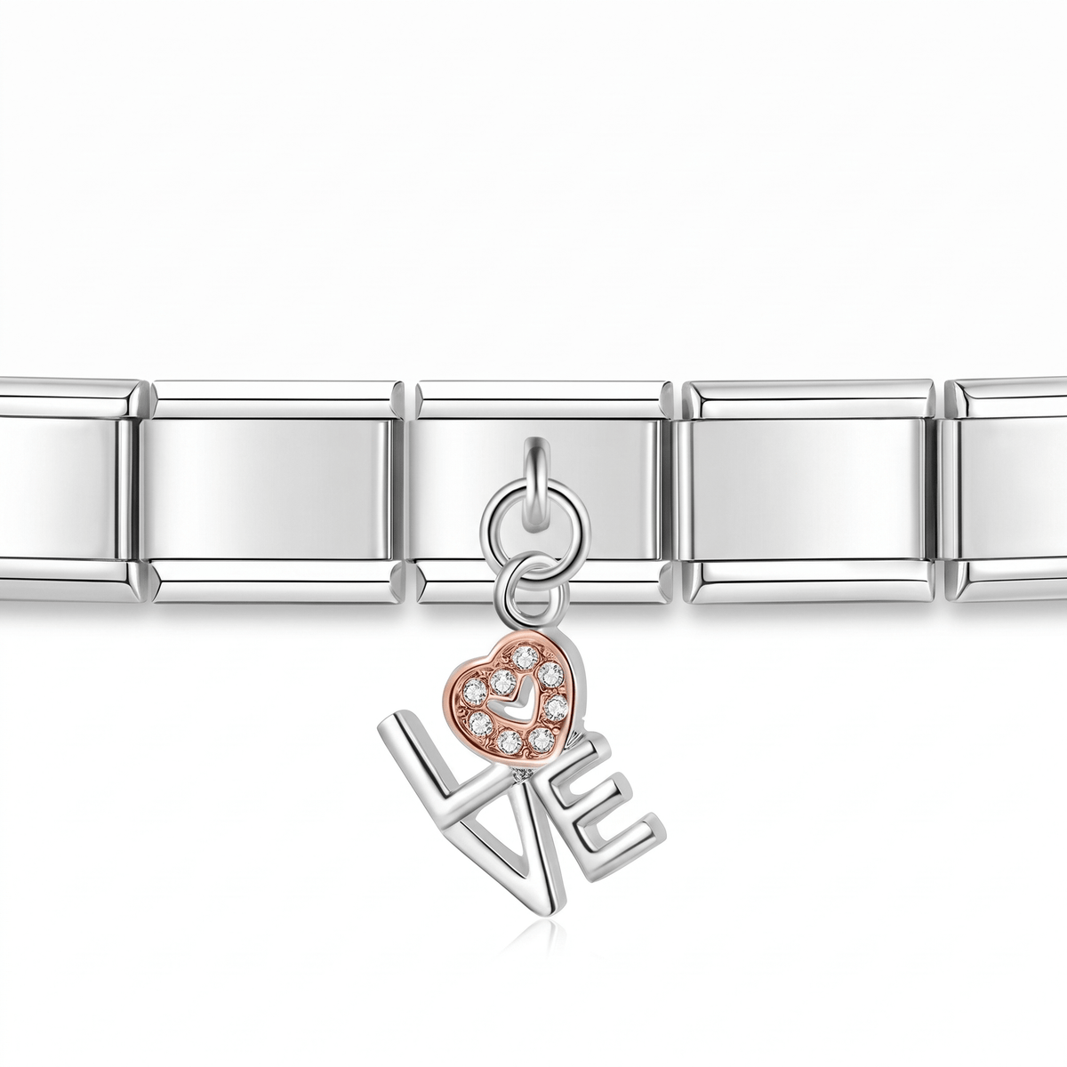 Charm colgante LOVE (Letras con Corazón) en pulsera italiana de eslabones
