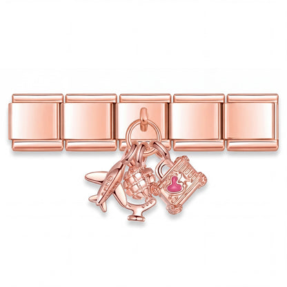 Charm Colgante viaje avion (Oro Rosa) en pulsera italiana de eslabones