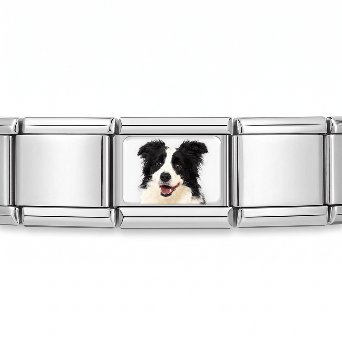 Charm Collie (Blanco y Negro) en pulsera italiana de eslabones