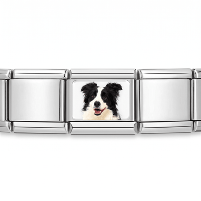 Charm Collie (Blanco y Negro) en pulsera italiana de eslabones