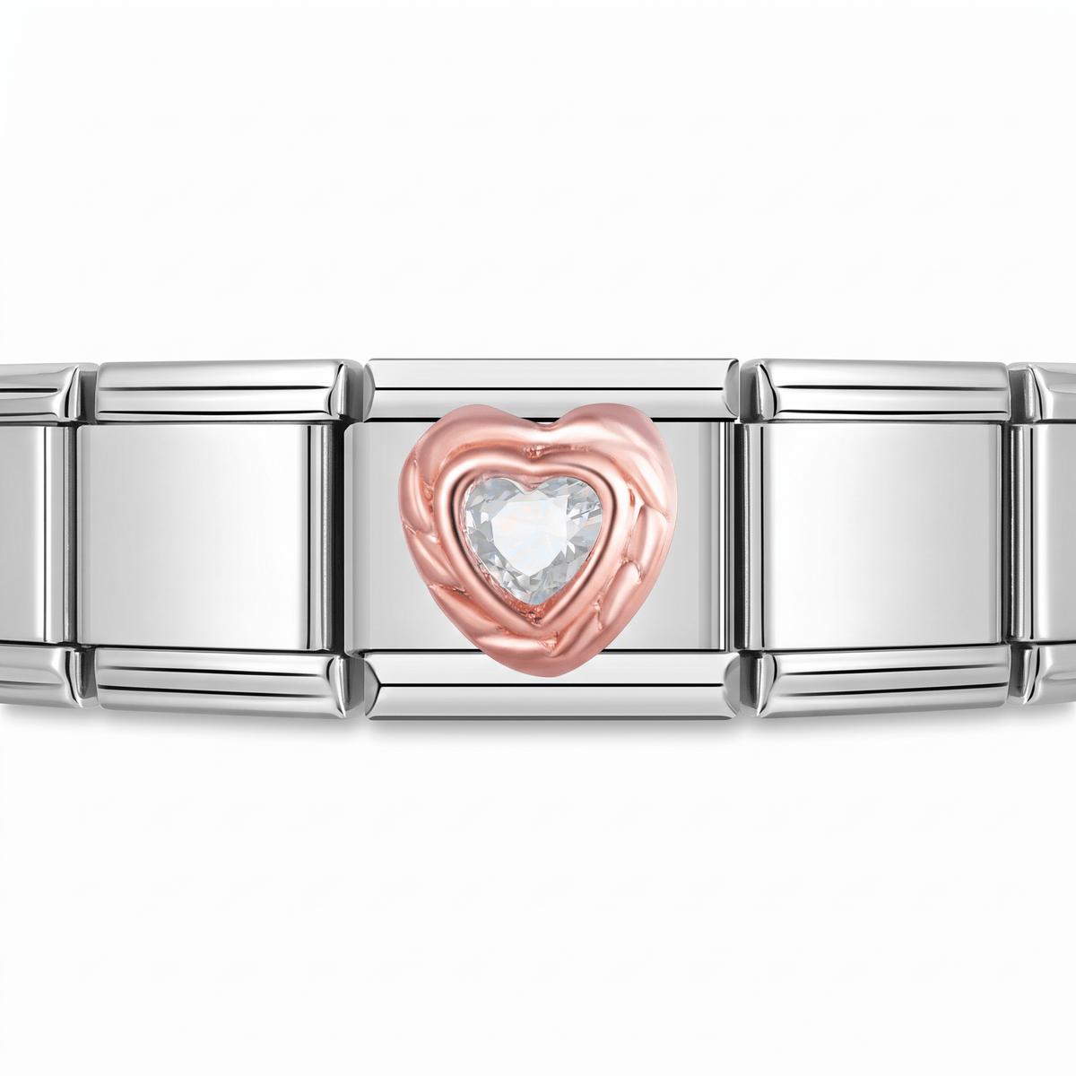 Charm Corazon Brillo (Blanco, Oro Rosa) en pulsera italiana de eslabones