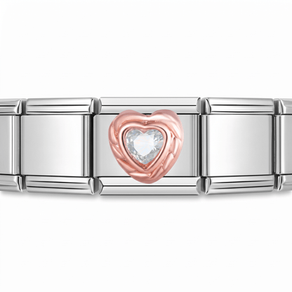 Charm Corazon Brillo (Blanco, Oro Rosa) en pulsera italiana de eslabones