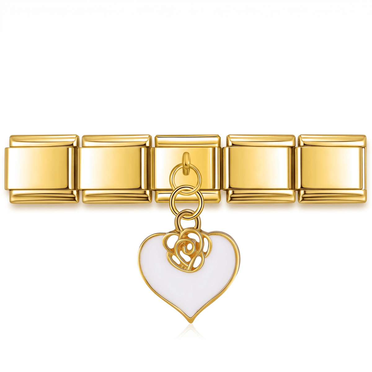 Charm Corazón dorado (con Flor) en pulsera italiana de eslabones