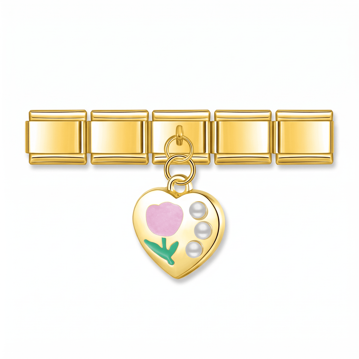Charm Corazon flor (Colgante, Dorado) en pulsera italiana de eslabones