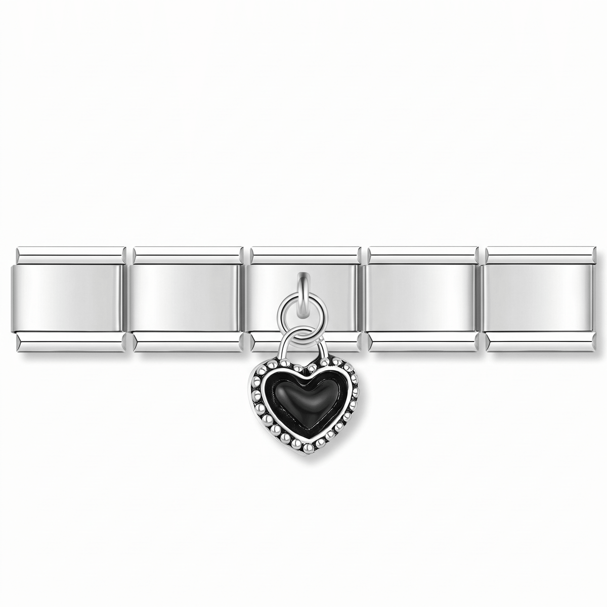 Charm Corazón Negro (Colgante, Plateado) en pulsera italiana de eslabones