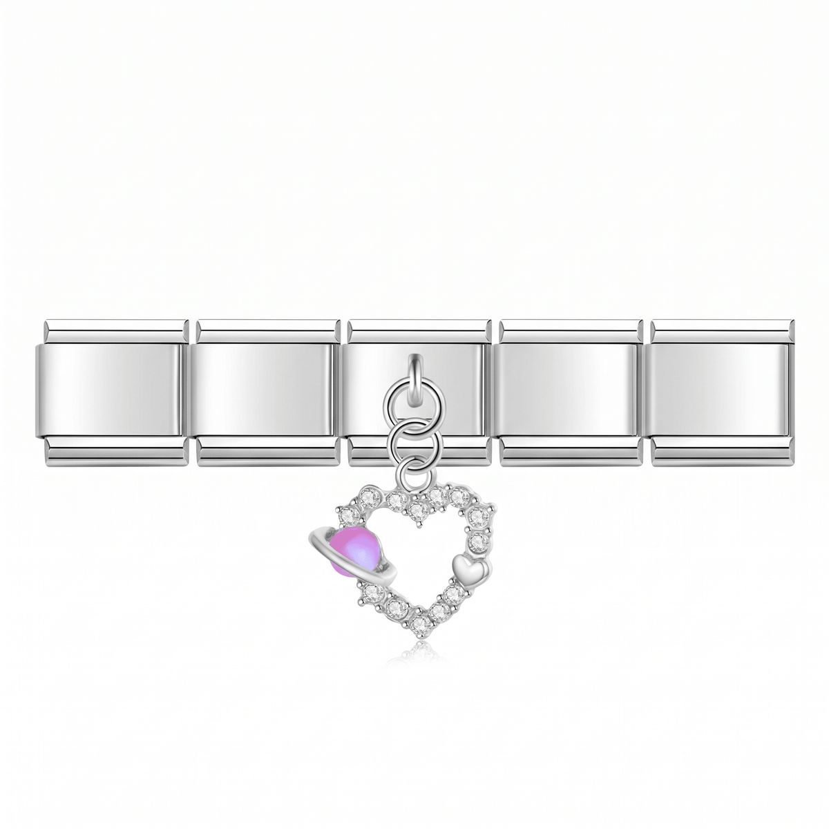 Charm corazón planeta (Colgante, Plateado) en pulsera italiana de eslabones