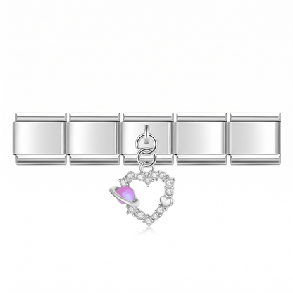 Charm corazón planeta (Colgante, Plateado) en pulsera italiana de eslabones