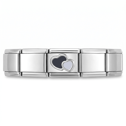 Charm Corazones (Negro y Blanco) en pulsera italiana de eslabones