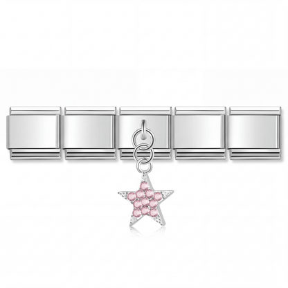 Charm Estrella Rosa (Colgante con Brillos) en pulsera italiana de eslabones