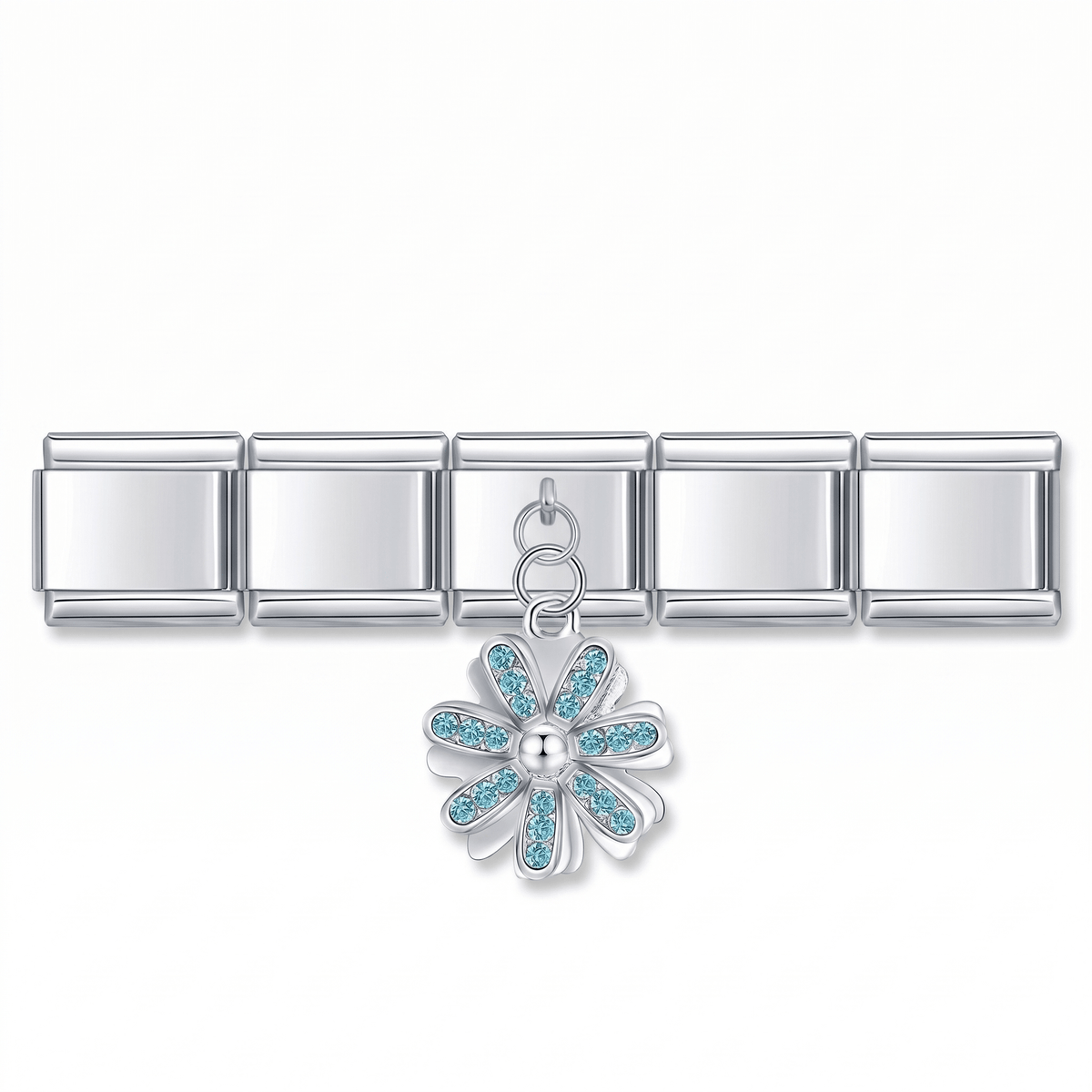Charm Flor Azul (Colgante, Plateado) en pulsera italiana de eslabones