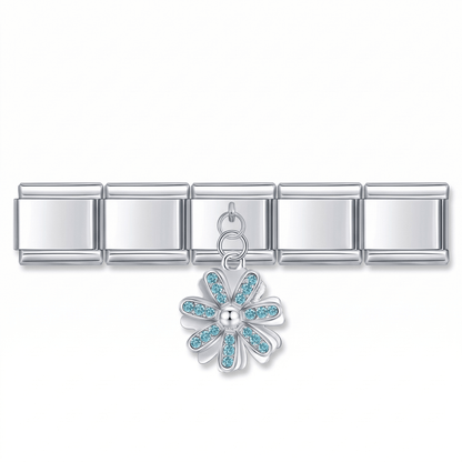 Charm Flor Azul (Colgante, Plateado) en pulsera italiana de eslabones