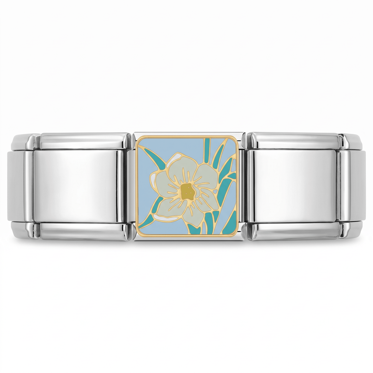 Charm Flor Blanca (Fondo Azul) en pulsera italiana de eslabones