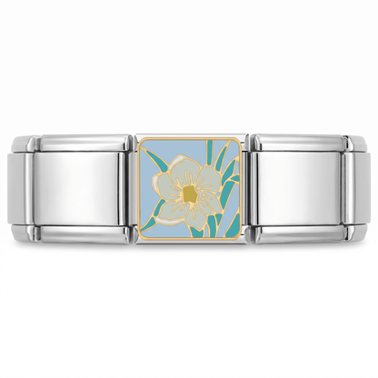Charm Flor Blanca (Fondo Azul) en pulsera italiana de eslabones