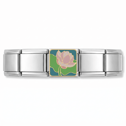 Charm Flor rosa (Loto, Plateado) en pulsera italiana de eslabones