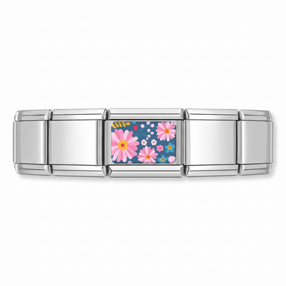 Charm Flores (Fondo Azul) en pulsera italiana de eslabones