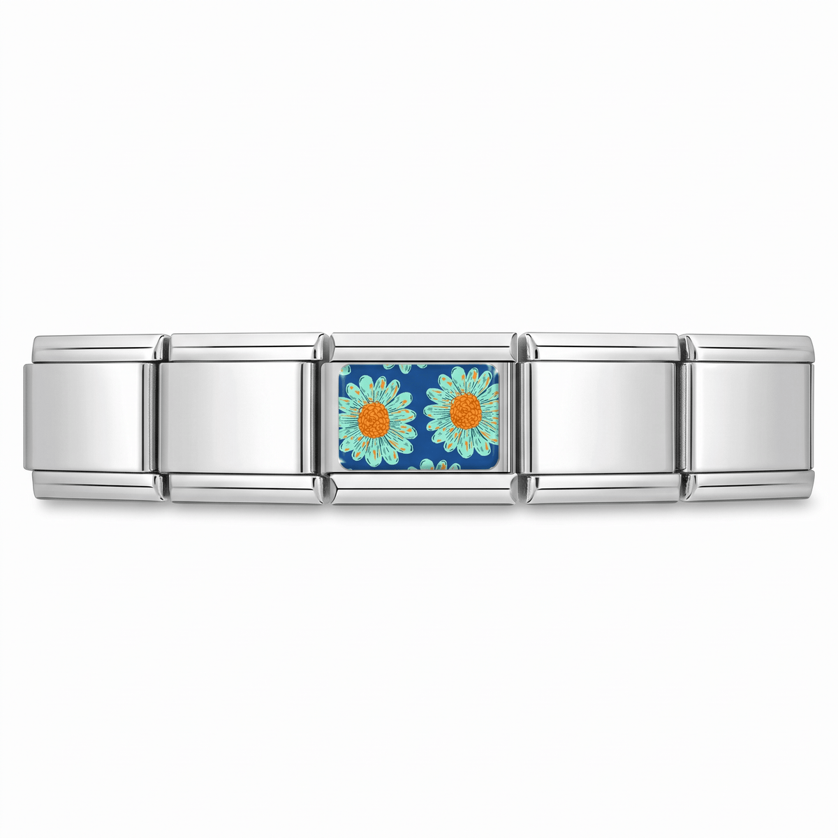 Charm Flores (Fondo Azul Marino) en pulsera italiana de eslabones