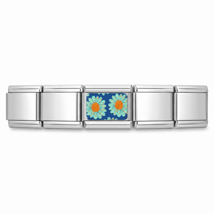 Charm Flores (Fondo Azul Marino) en pulsera italiana de eslabones