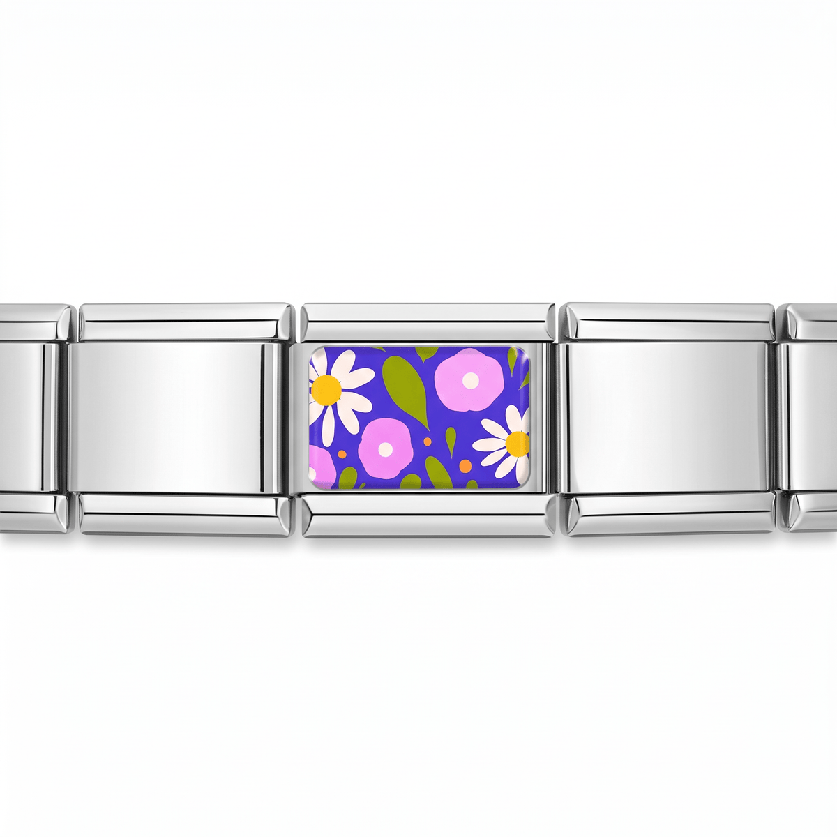 Charm Flores (Fondo Morado) en pulsera italiana de eslabones