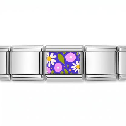 Charm Flores (Fondo Morado) en pulsera italiana de eslabones