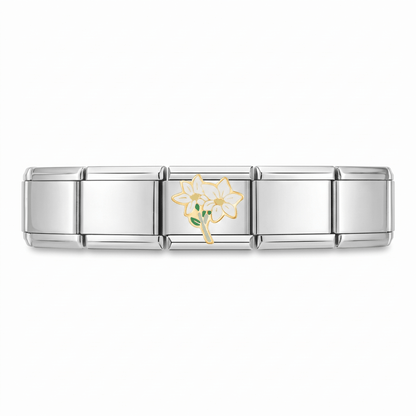 Reverso del Charm Flores (Lirios) de acero inoxidable