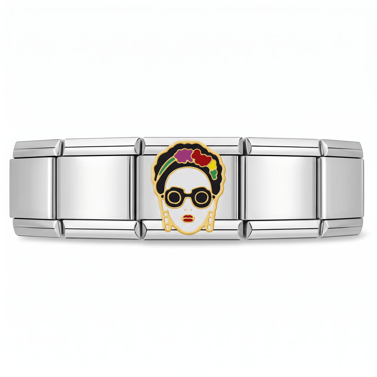 Charm Frida Kahlo (con Lentes) en pulsera italiana de eslabones