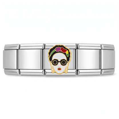 Charm Frida Kahlo (con Lentes) en pulsera italiana de eslabones