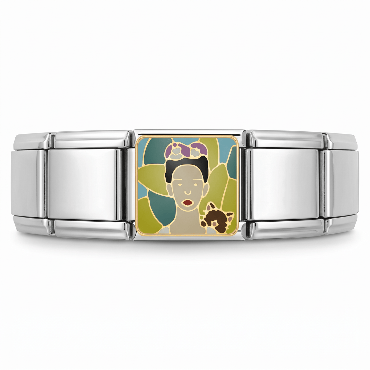 Charm Frida Kahlo (Fondo Verde) en pulsera italiana de eslabones