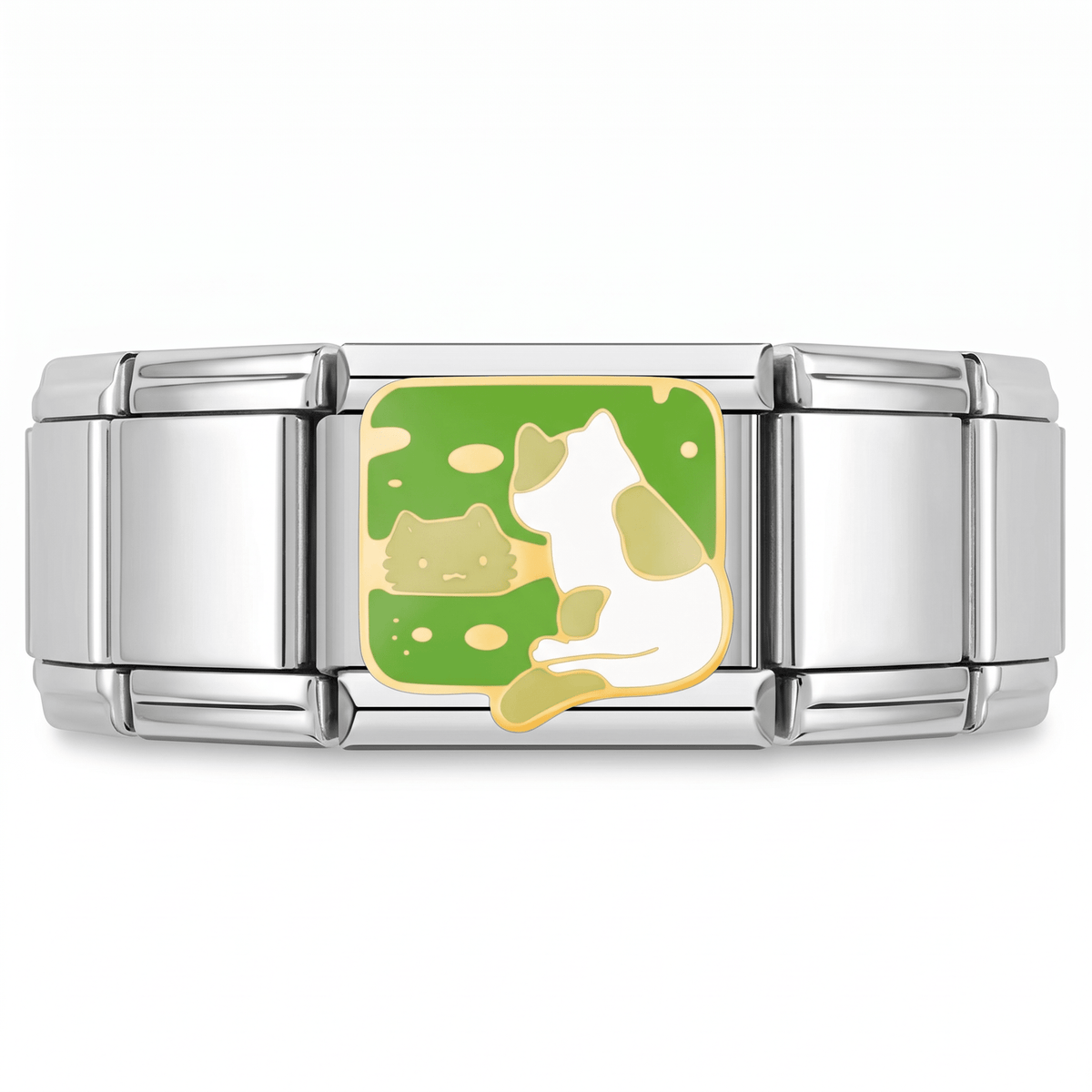 Charm Gatito (Fondo Verde) en pulsera italiana de eslabones