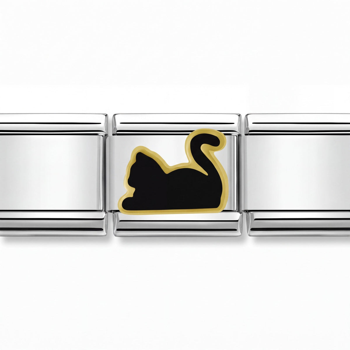 Charm Gato Negro (Plateado) en pulsera italiana de eslabones