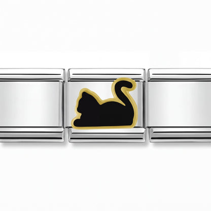 Charm Gato Negro (Plateado) en pulsera italiana de eslabones
