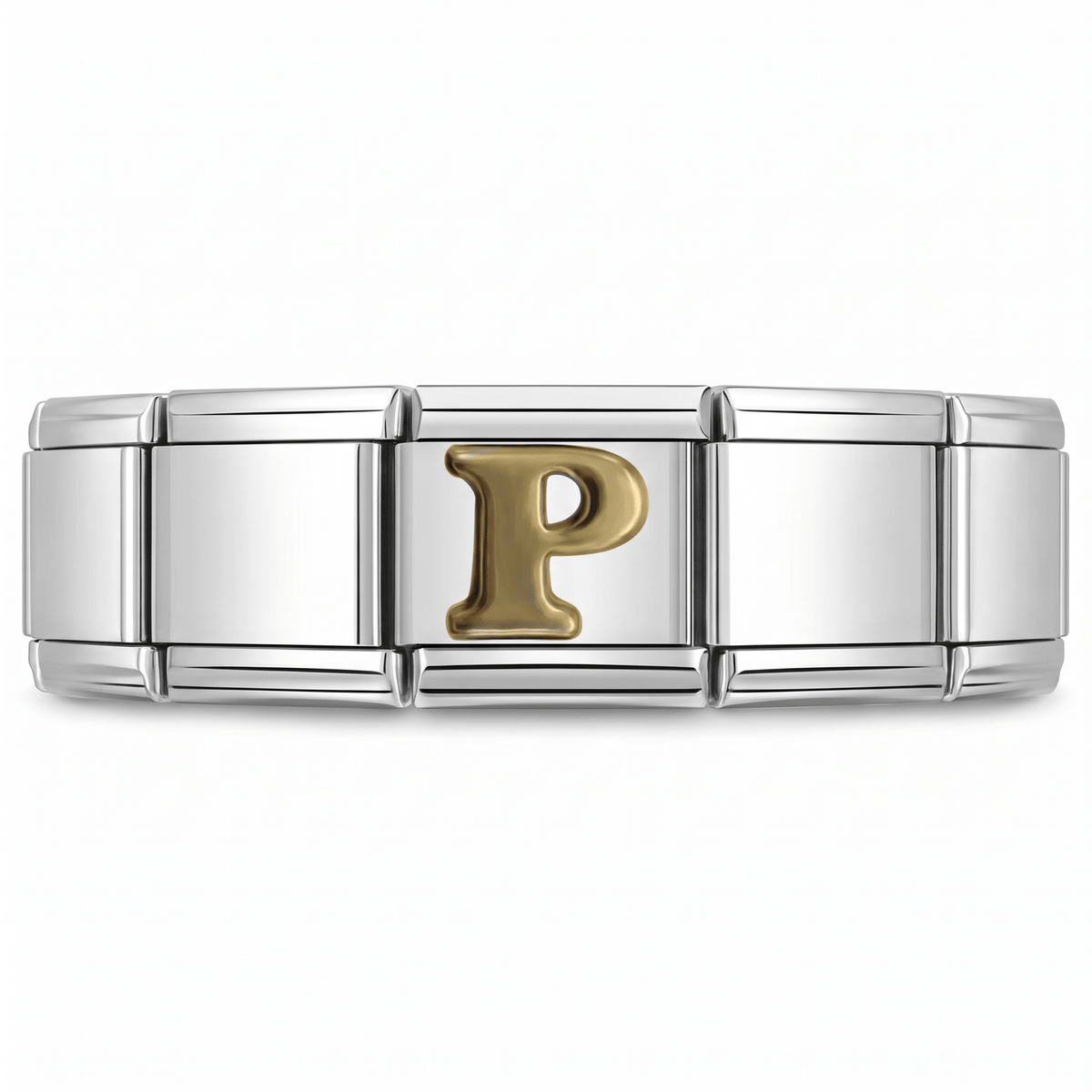 Charm Letra P (Plateado) en pulsera italiana de eslabones
